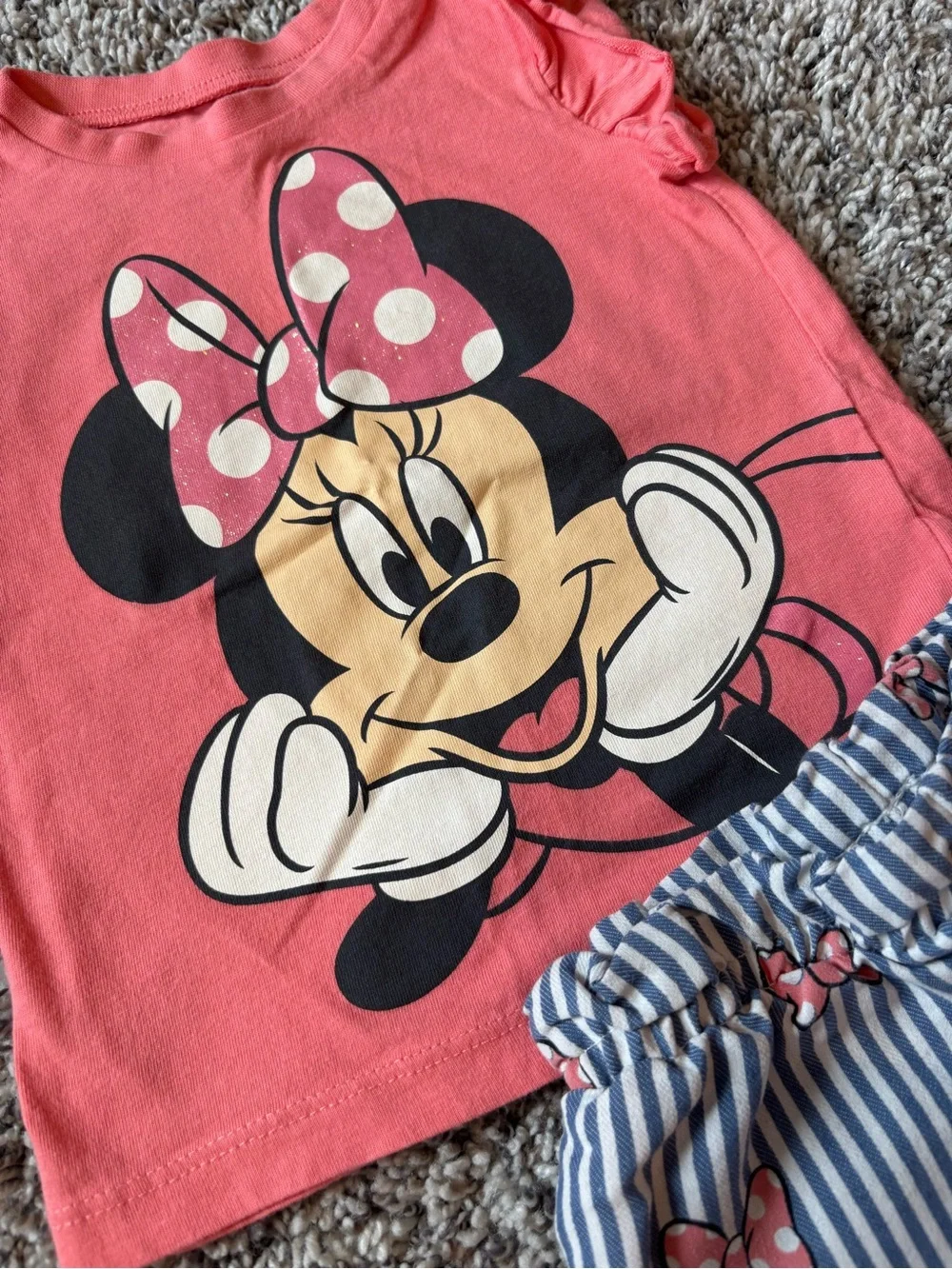 Disney Minnie Mouse Girls Coral Pink Top & Blue Stripe Shorts Matching Set